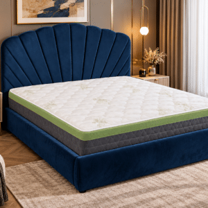 Lit design velours avec tête de lit éventail capitonnée – Sommier à lattes inclus
