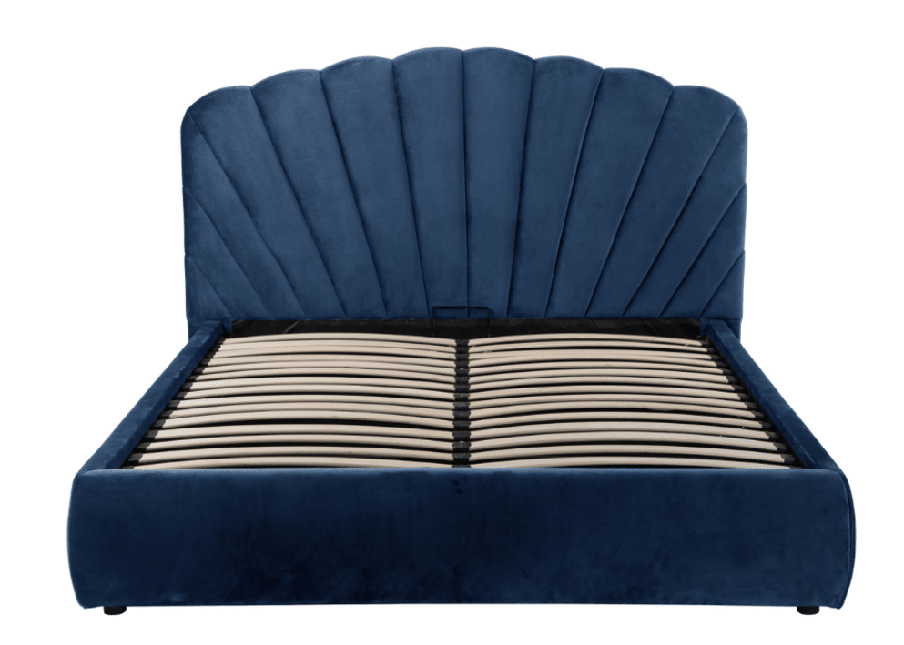 Lit design velours avec tête de lit éventail capitonnée – Sommier à lattes inclus
