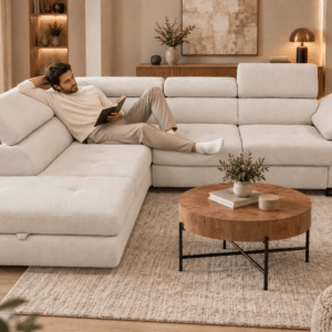 Canapé convertible LUON avec coffre de rangement, têtières et accoudoirs réglables en tissu blanc