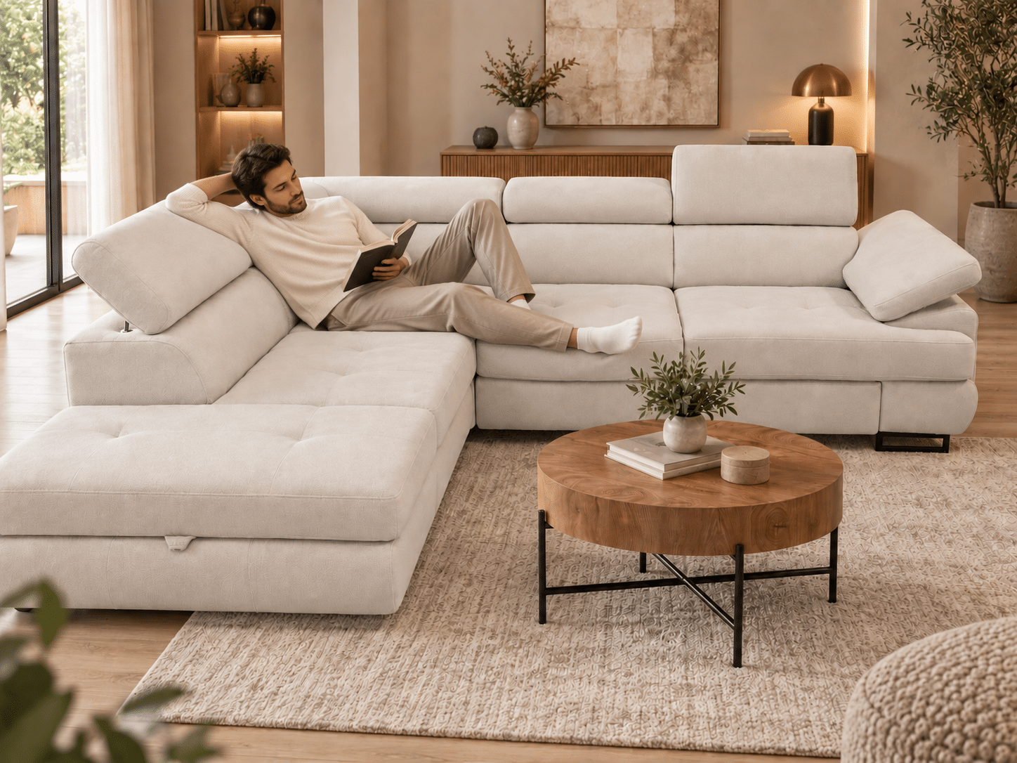 Canapé convertible LUON avec coffre de rangement, têtières et accoudoirs réglables en tissu blanc
