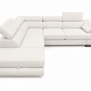 Canapé convertible LUON avec coffre de rangement, têtières et accoudoirs réglables en tissu blanc