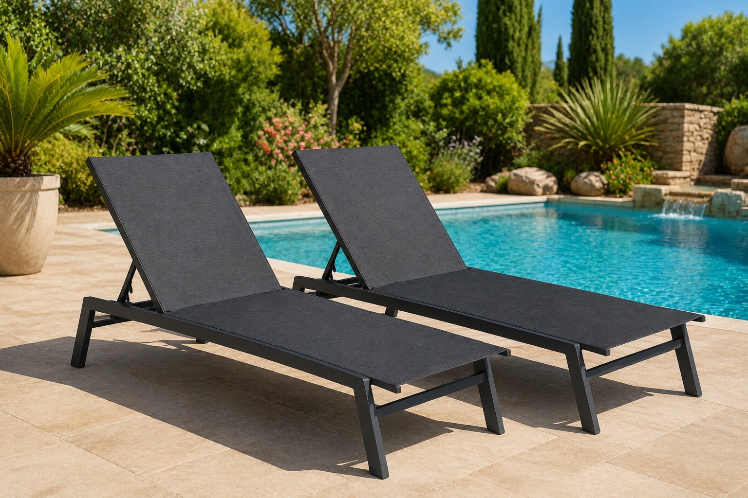 Transat Aluminium | Toile en PVC | Dossier Réglable avec roulettes en gris foncé – Image 2
