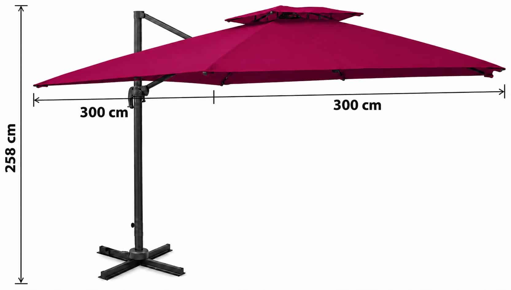 Parasol déporté en aluminium 300x300 cm à double toit en tissu rouge bordeaux – Image 3