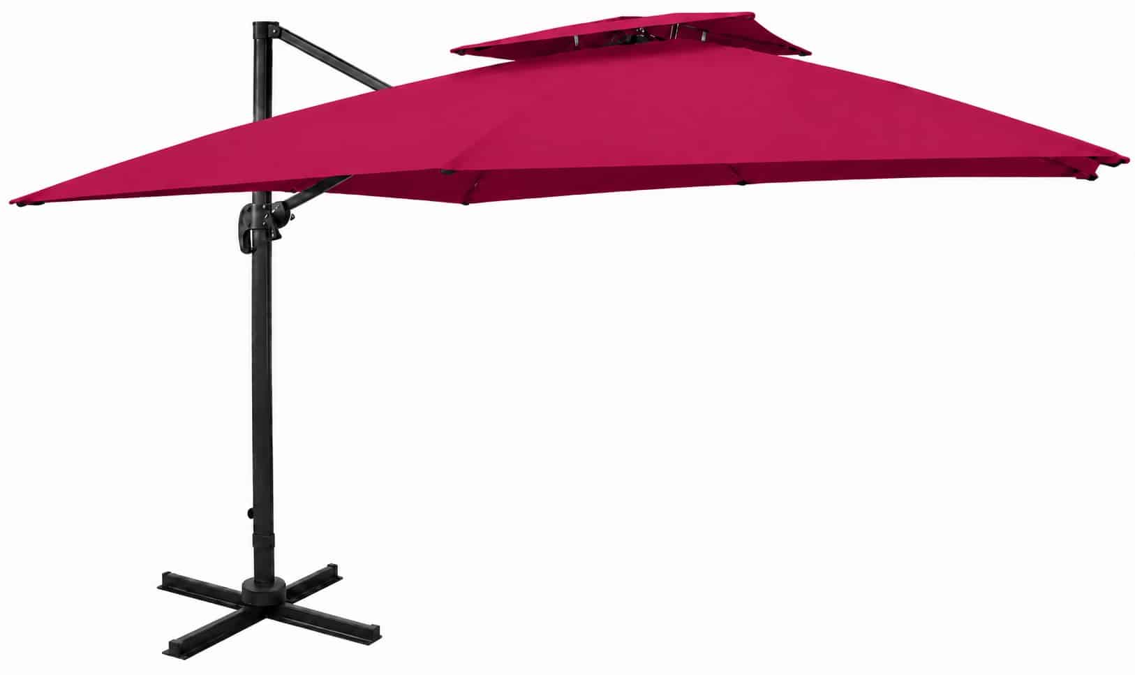 Parasol déporté en aluminium 300x300 cm à double toit en tissu rouge bordeaux