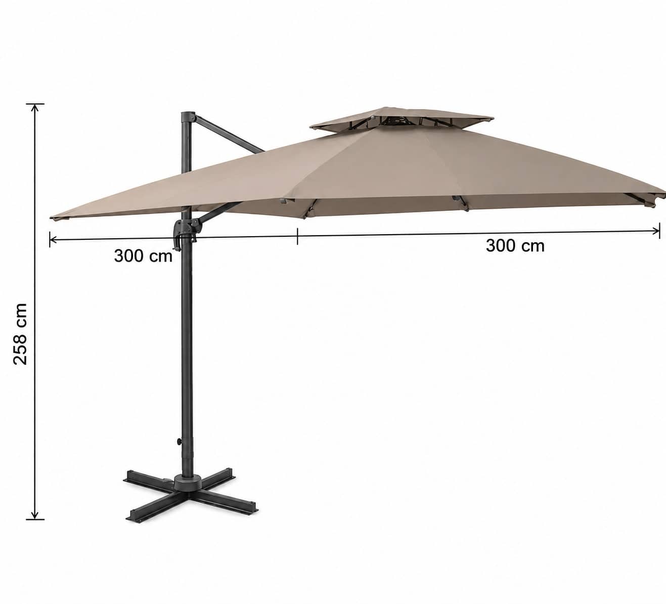Parasol déporté en aluminium 300x300 cm à double toit en tissu taupe – Image 3