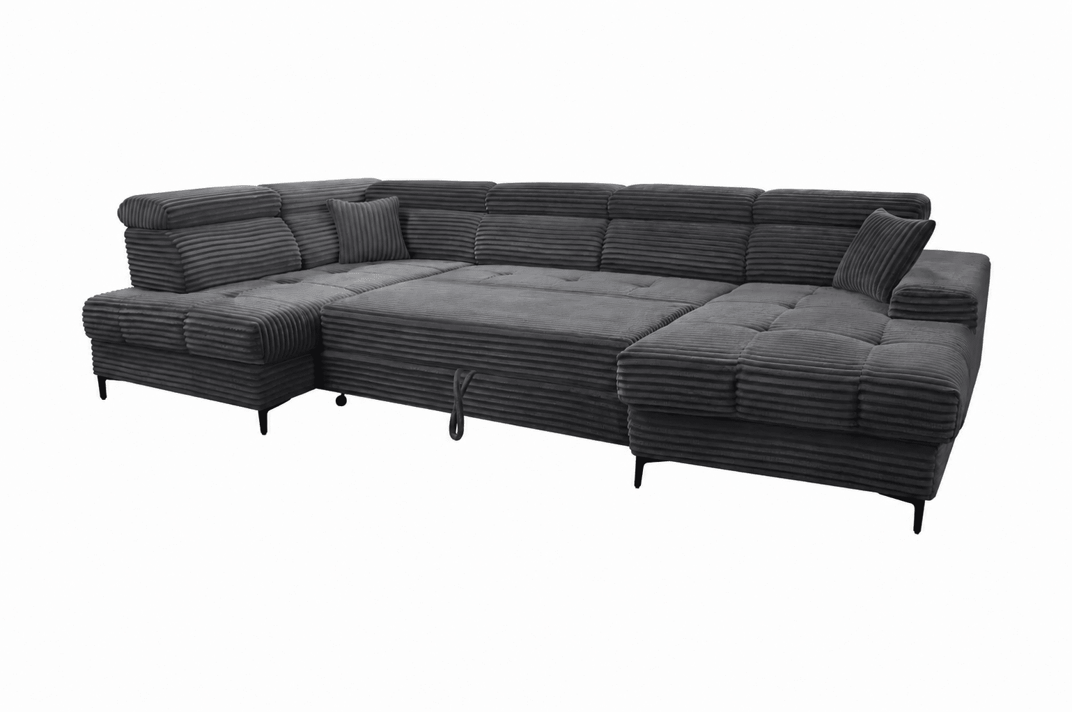 Canapé panoramique convertible angle gauche ou droit ASTI 2 avec 2 coffre de rangement et têtières réglables en velours côtelé GRIS FONCE – Image 2