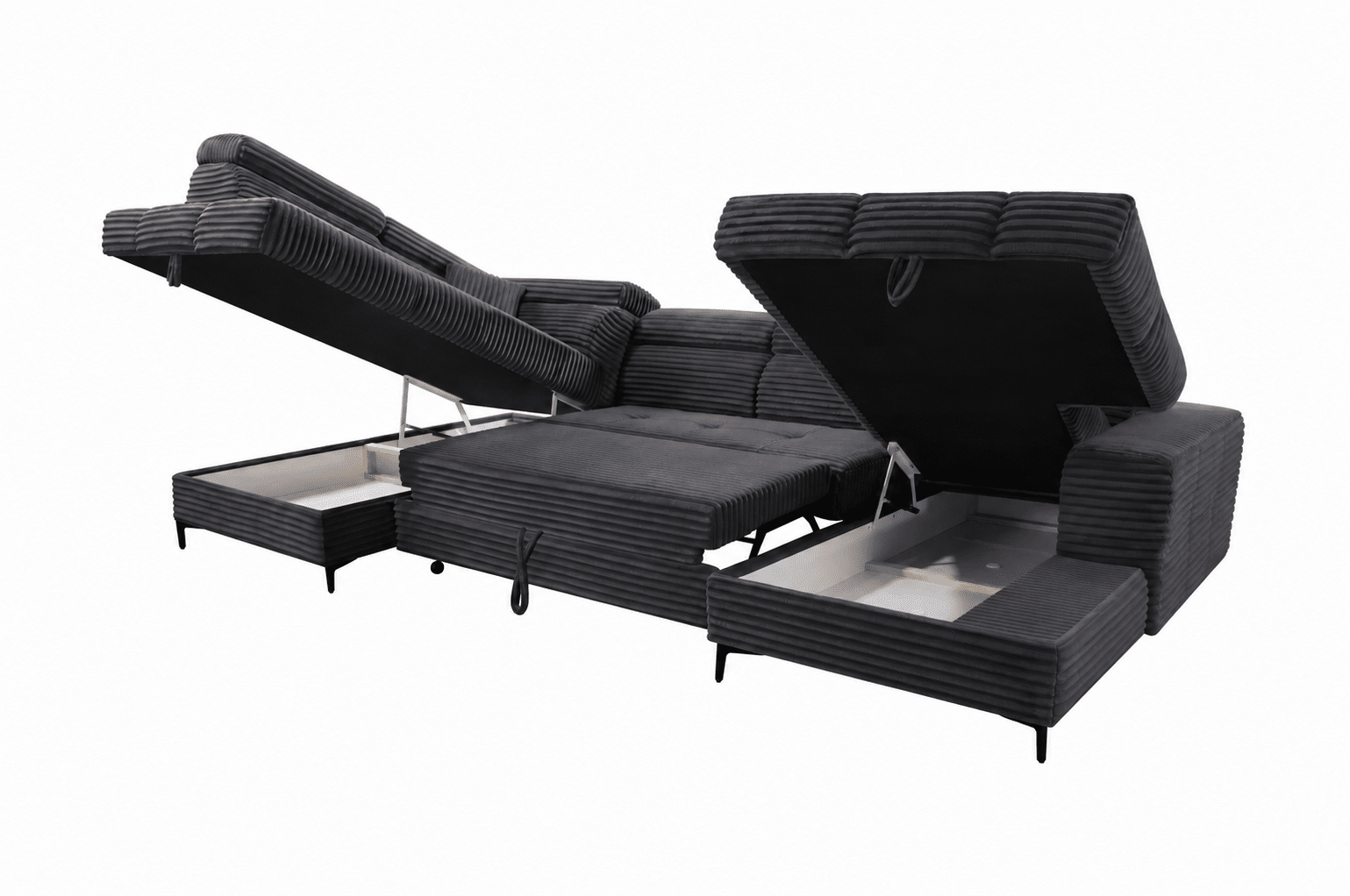 Canapé panoramique convertible angle gauche ou droit ASTI 2 avec 2 coffre de rangement et têtières réglables en velours côtelé GRIS FONCE – Image 3