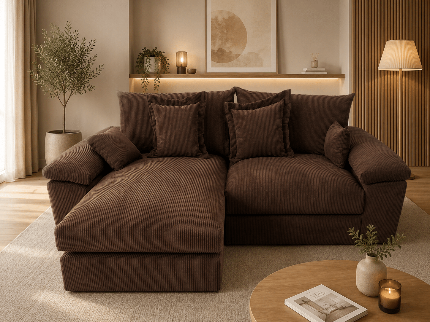 Canapé d’angle réversible Soft&Cosy XL – largeur 246 cm en velours côtelé marron