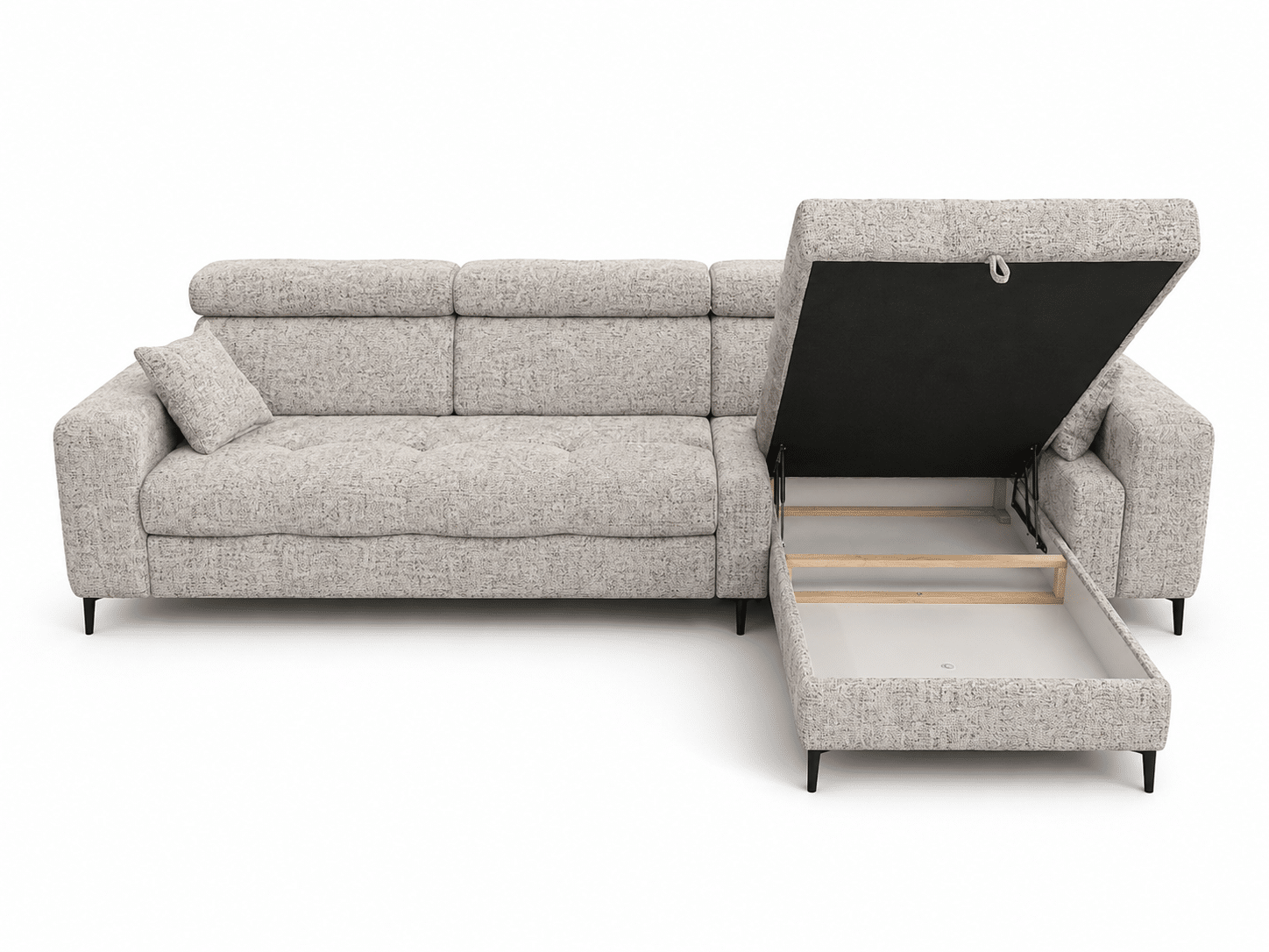Canapé d'angle convertible ASTI L avec coffre de rangement et têtières réglables en tissu bouclé gris avec siège ajustable – Image 2