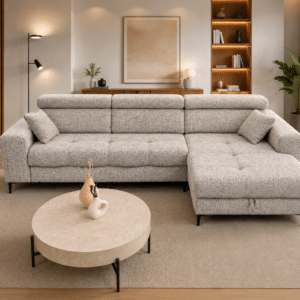 Canapé d'angle convertible  ASTI L avec coffre de rangement et têtières réglables en tissu bouclé gris avec siège ajustable