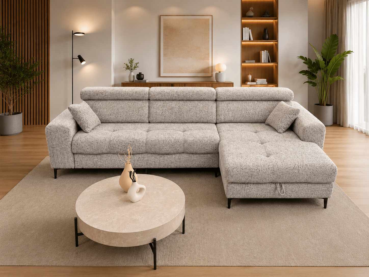 Canapé d'angle convertible ASTI L avec coffre de rangement et têtières réglables en tissu bouclé gris avec siège ajustable