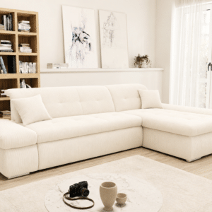 Canapé d’angle convertible Moric, XXL largeur 300cm avec accoudoirs réglables en velours côtelé crème