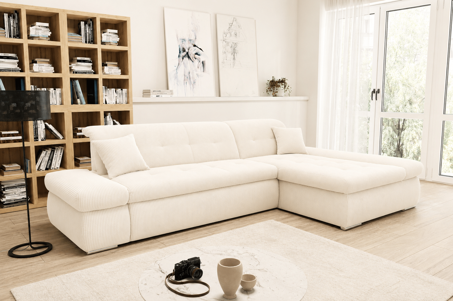 Canapé d’angle convertible Moric, XXL largeur 300cm avec accoudoirs réglables en velours côtelé crème