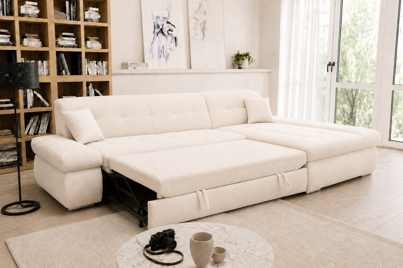 Canapé d’angle convertible Moric, XXL largeur 300cm avec accoudoirs réglables en velours côtelé crème – Image 2