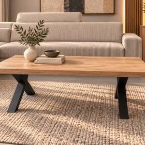 Table Basse Uriel – Décor Chêne Denver Oak et Pieds Métal Noir (L130 cm)