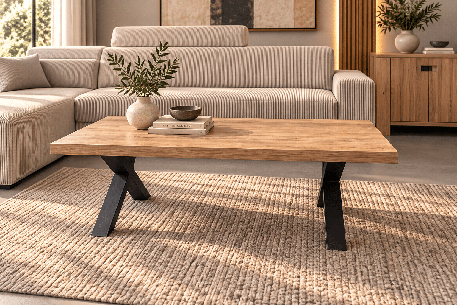 Table Basse Uriel – Décor Chêne Denver Oak et Pieds Métal Noir (L130 cm)