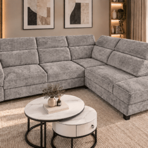 canapé d’angle convertible MATRAS avec coffre de rangement et têtières réglables en tissu gris