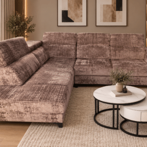 canapé d'angle convertible MATRAS avec coffre de rangement et têtières réglables en tissu Marron