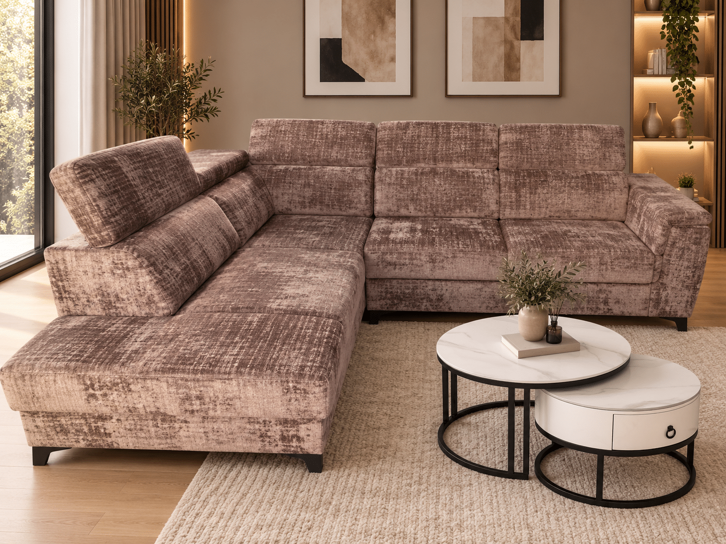 canapé d'angle convertible MATRAS avec coffre de rangement et têtières réglables en tissu Marron
