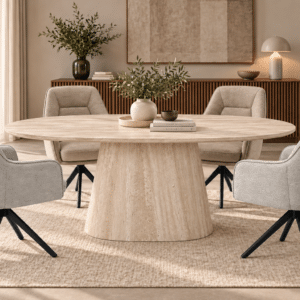 Table à manger ovale en céramique beige et pied bois beige – RAMIRA