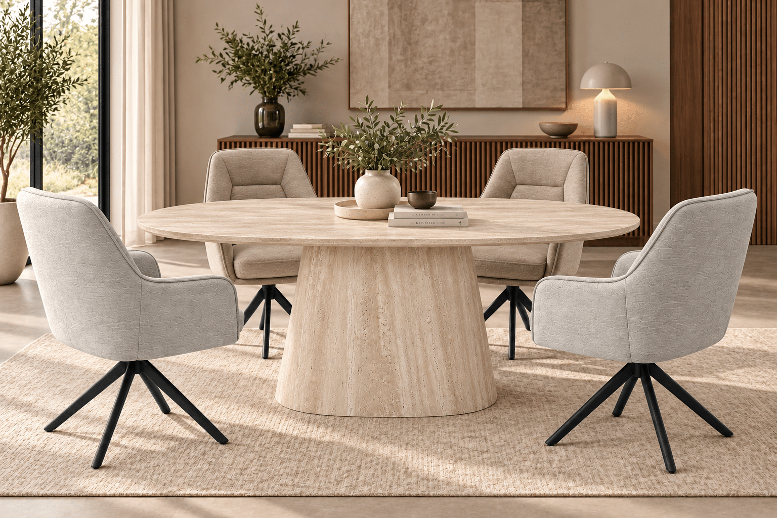 Table à manger ovale en céramique beige et pied bois beige – RAMIRA