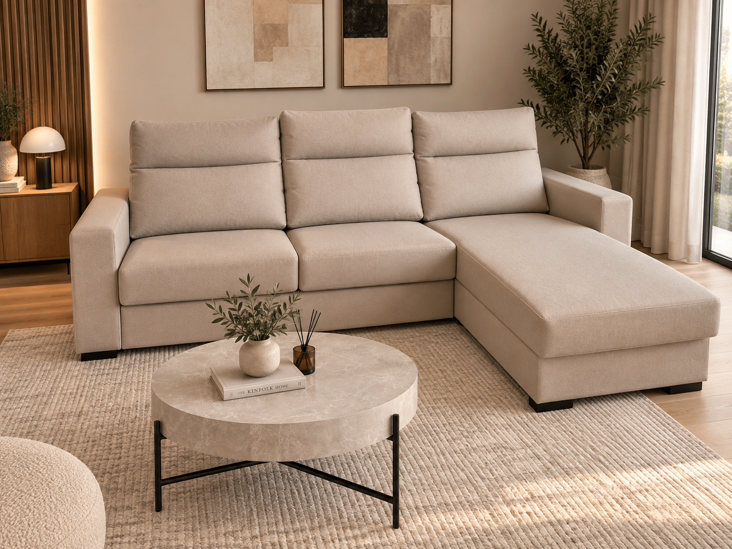 Canapé d'angle convertible réversible rapido avec matelas 140X190cm intégré en tissu taupe