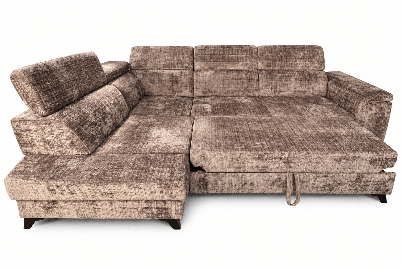 canapé d'angle convertible MATRAS avec coffre de rangement et têtières réglables en tissu Marron – Image 3