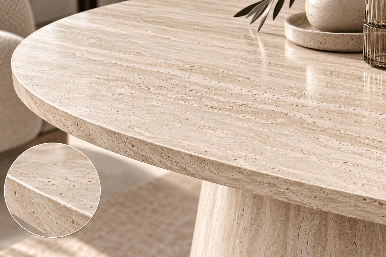 Table à manger ovale en céramique beige et pied bois beige – RAMIRA – Image 4