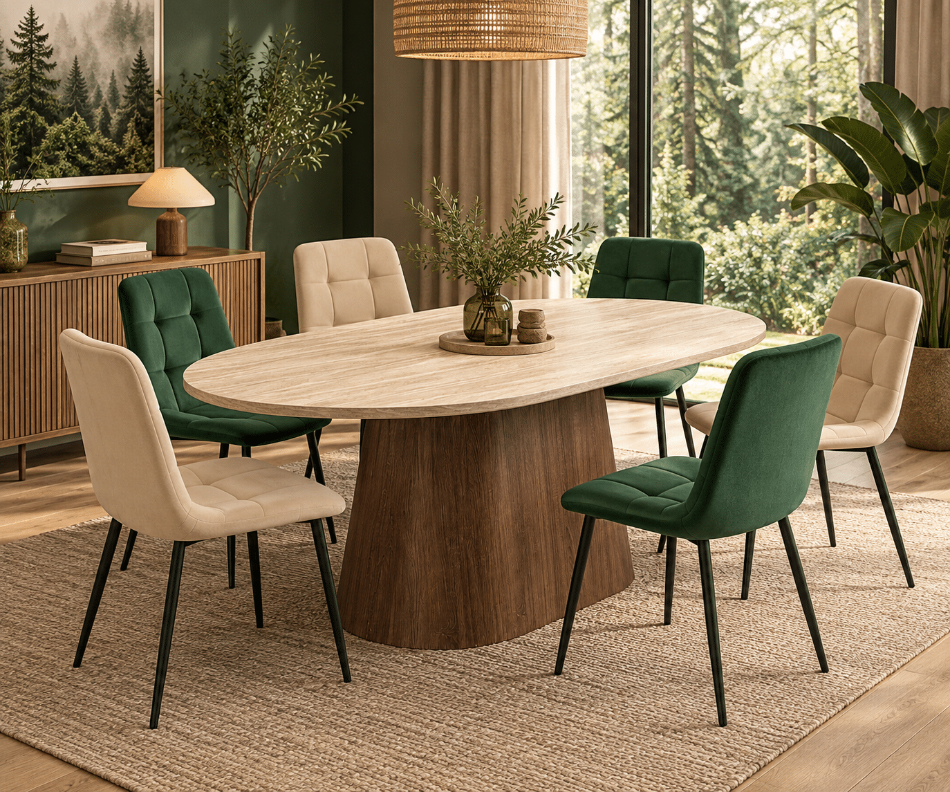 Table à manger ovale en bois beige et pied marron - ROLECA