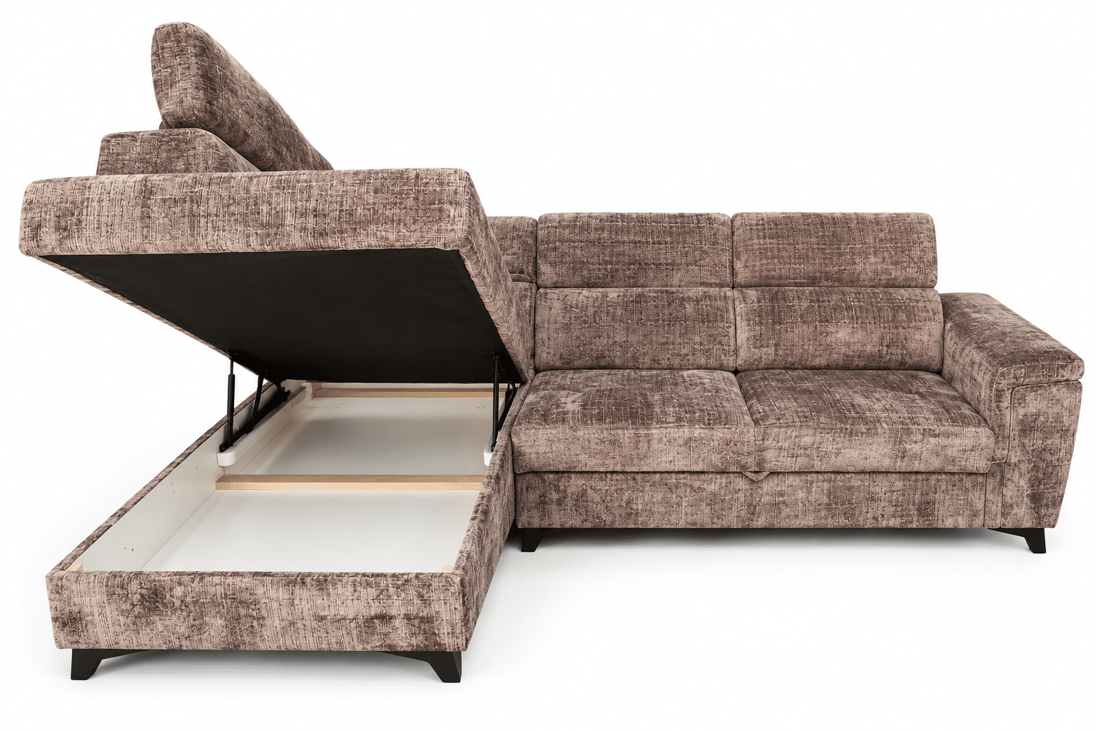 canapé d'angle convertible MATRAS avec coffre de rangement et têtières réglables en tissu Marron – Image 2