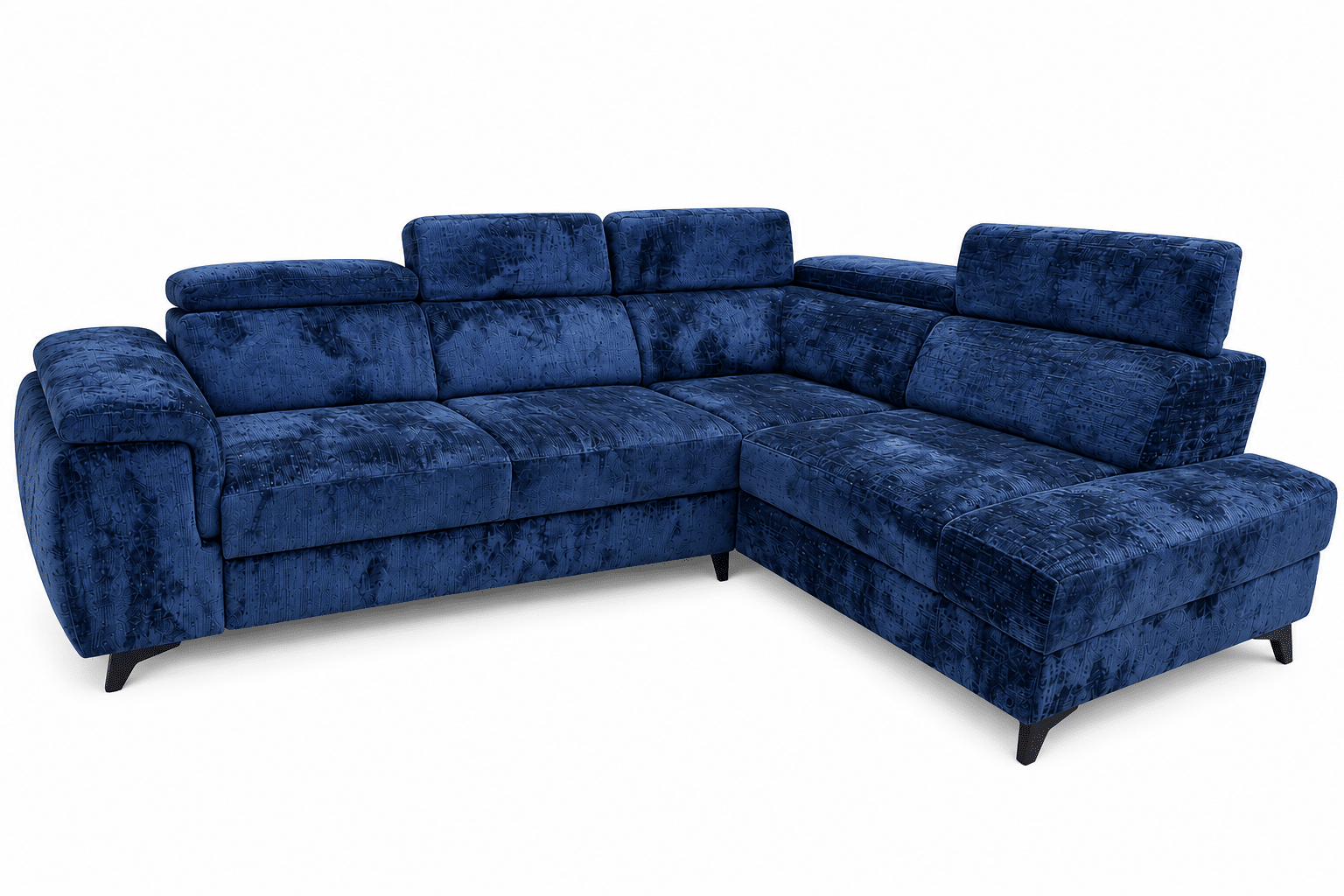 Canapé d’angle convertible MATRAS – Tissu bleu nuit avec coffre de rangement et têtières réglables – Image 2