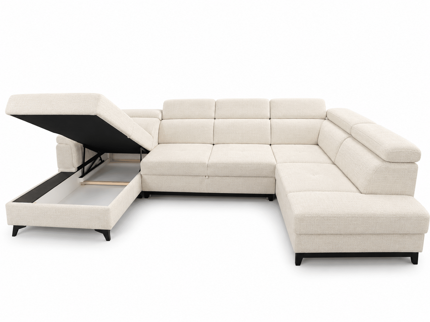 Canapé panoramique convertible MATRAS U en tissu blanc cassé – 2 coffres de rangement – Image 4