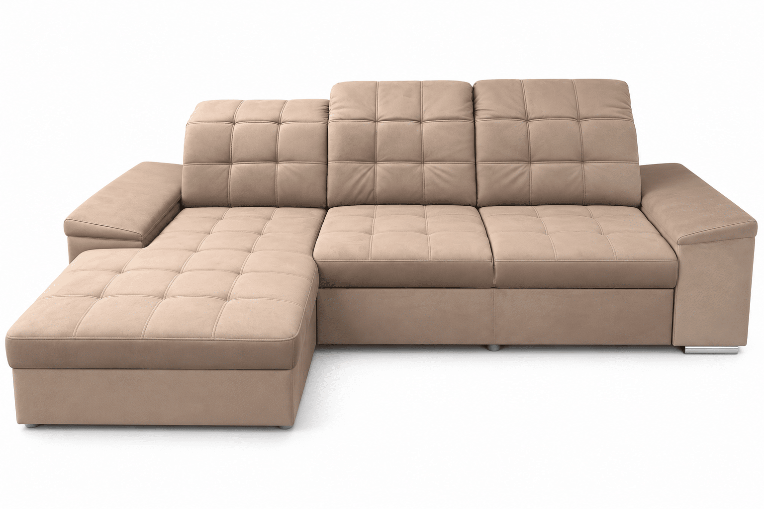 Canapé d'angle convertible Nigrum en velours taupe avec coffre de rangement et têtières réglables – Image 2