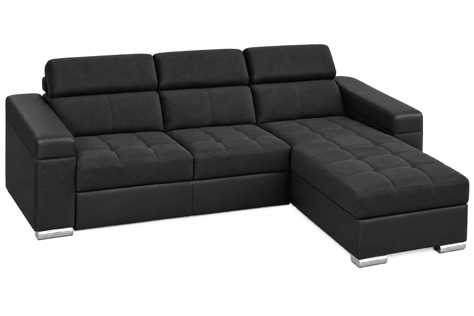 Canapé d’angle convertible et réversible PLAZA avec têtières relevables et coffre de rangement en tissu noir et simili noir – Image 2