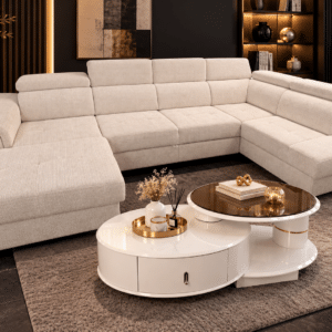 Canapé panoramique convertible MATRAS U en tissu blanc cassé – 2 coffres de rangement