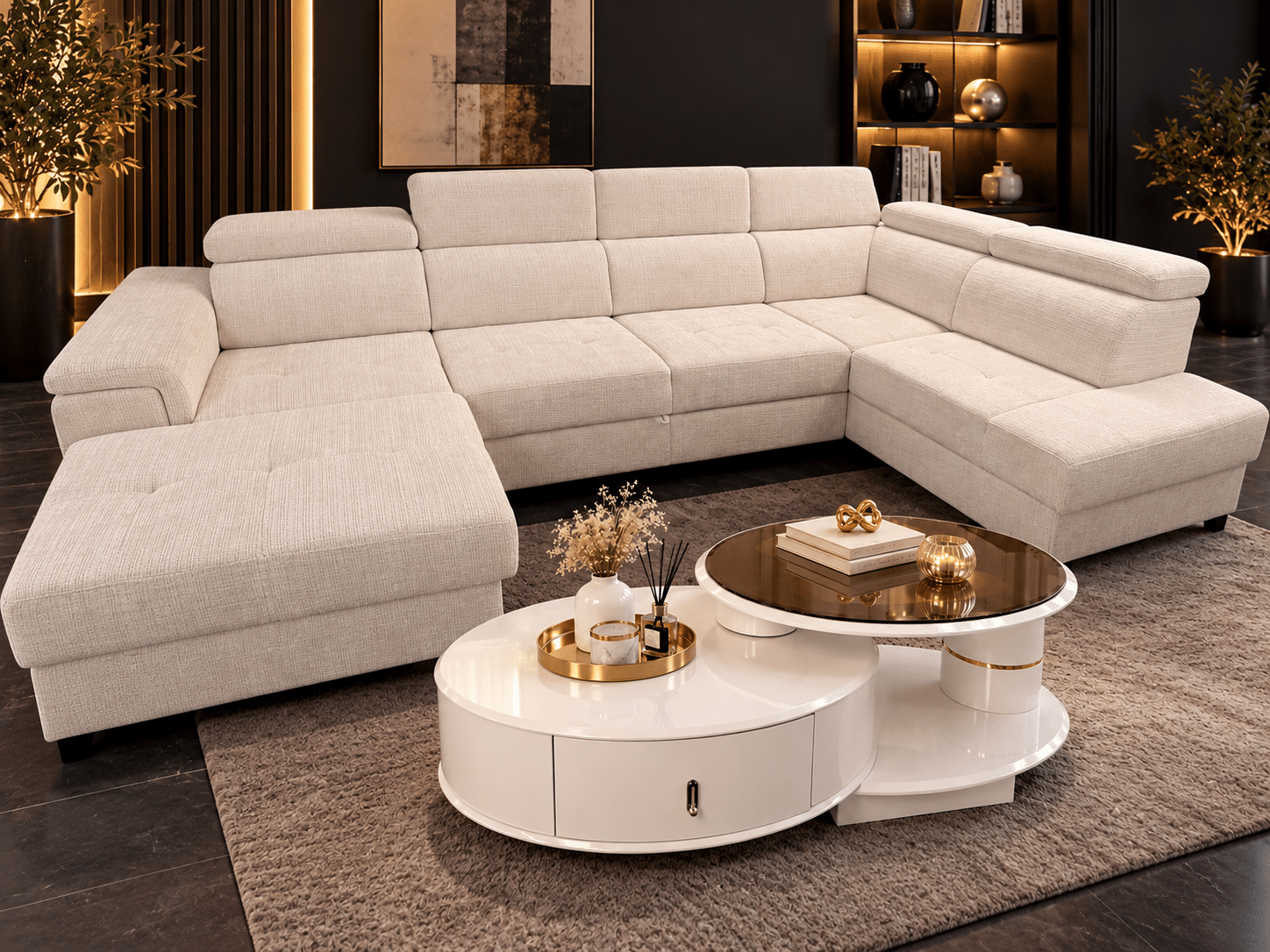 Canapé panoramique convertible MATRAS U en tissu blanc cassé – 2 coffres de rangement