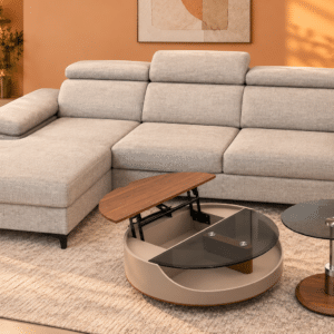 Canapé d'angle convertible OTTOMAN en tissu taupe – Têtières et accoudoirs réglables