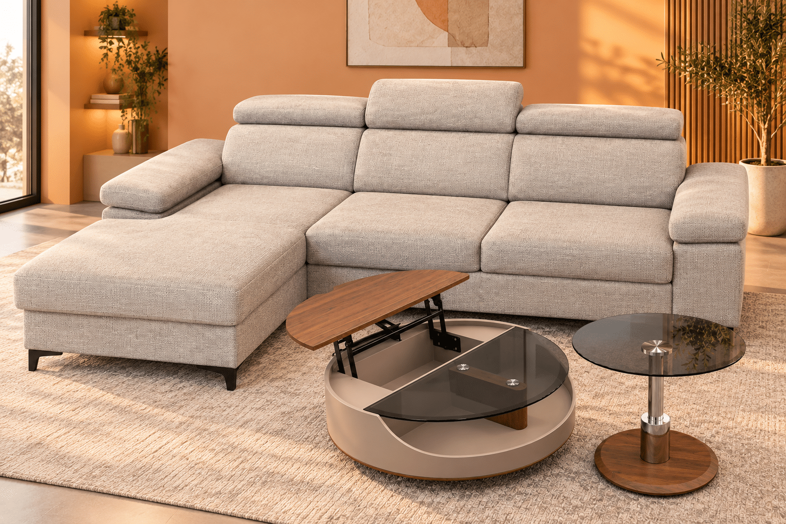 Canapé d'angle convertible OTTOMAN en tissu taupe – Têtières et accoudoirs réglables