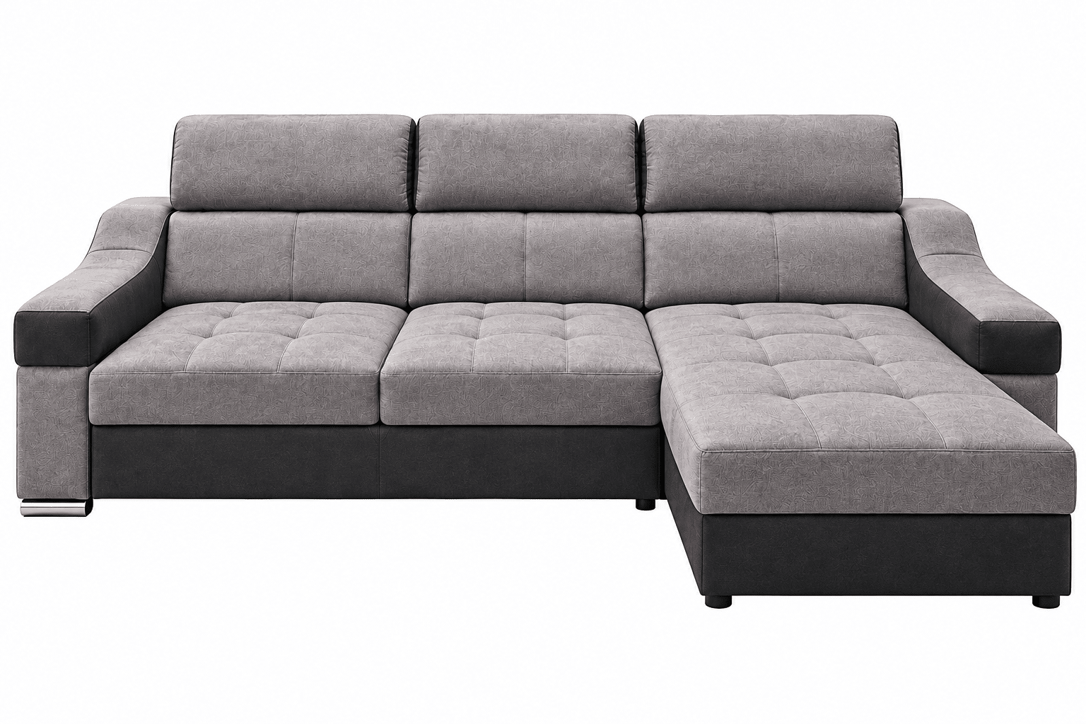 Canapé d’angle convertible et réversible PLAZA avec têtières relevables et coffre de rangement en tissu gris et microfibre noir – Image 2