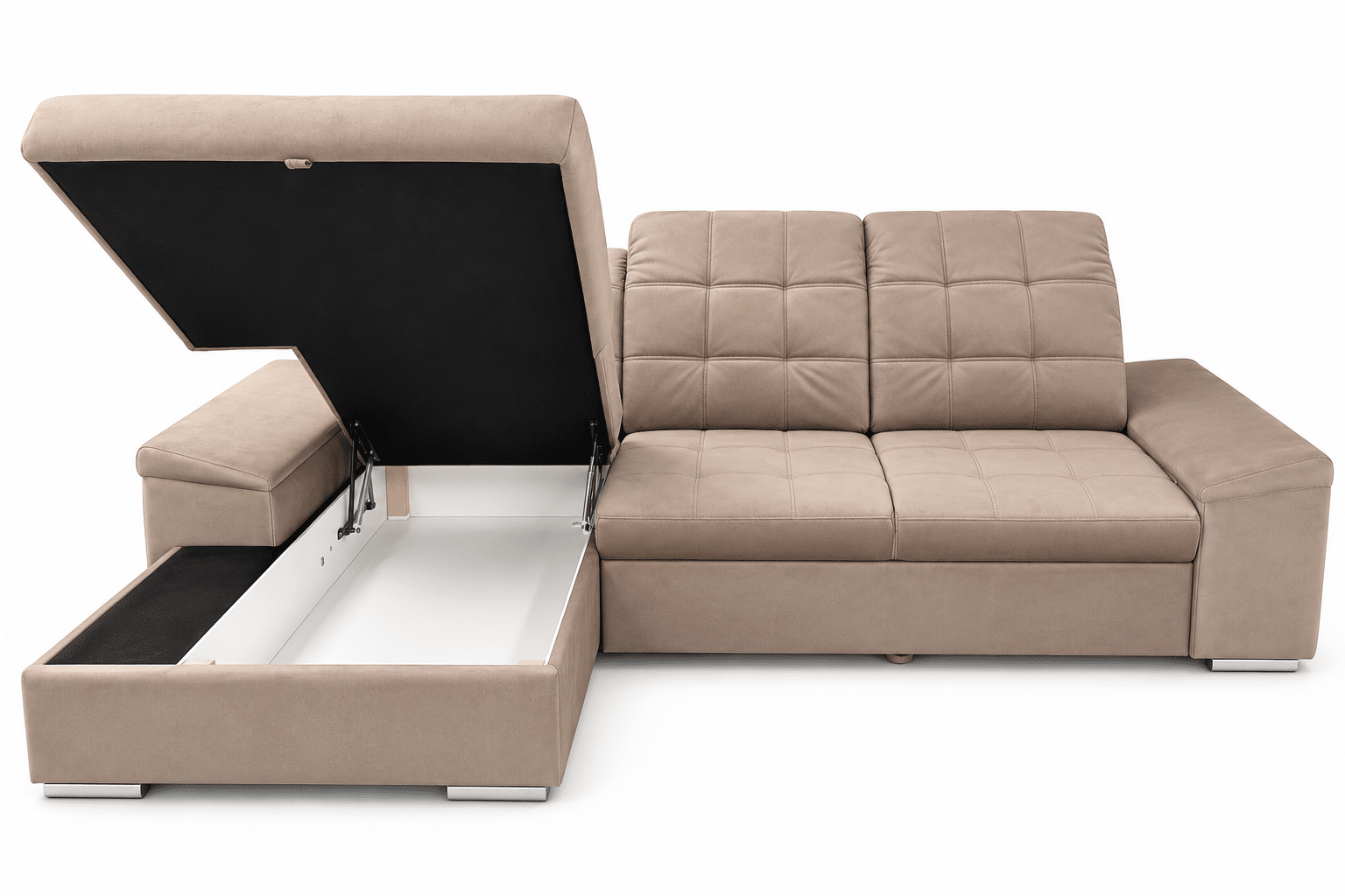 Canapé d'angle convertible Nigrum en velours taupe avec coffre de rangement et têtières réglables – Image 3