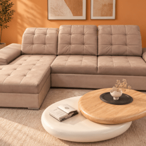 Canapé d'angle convertible Nigrum en velours taupe avec coffre de rangement et têtières réglables