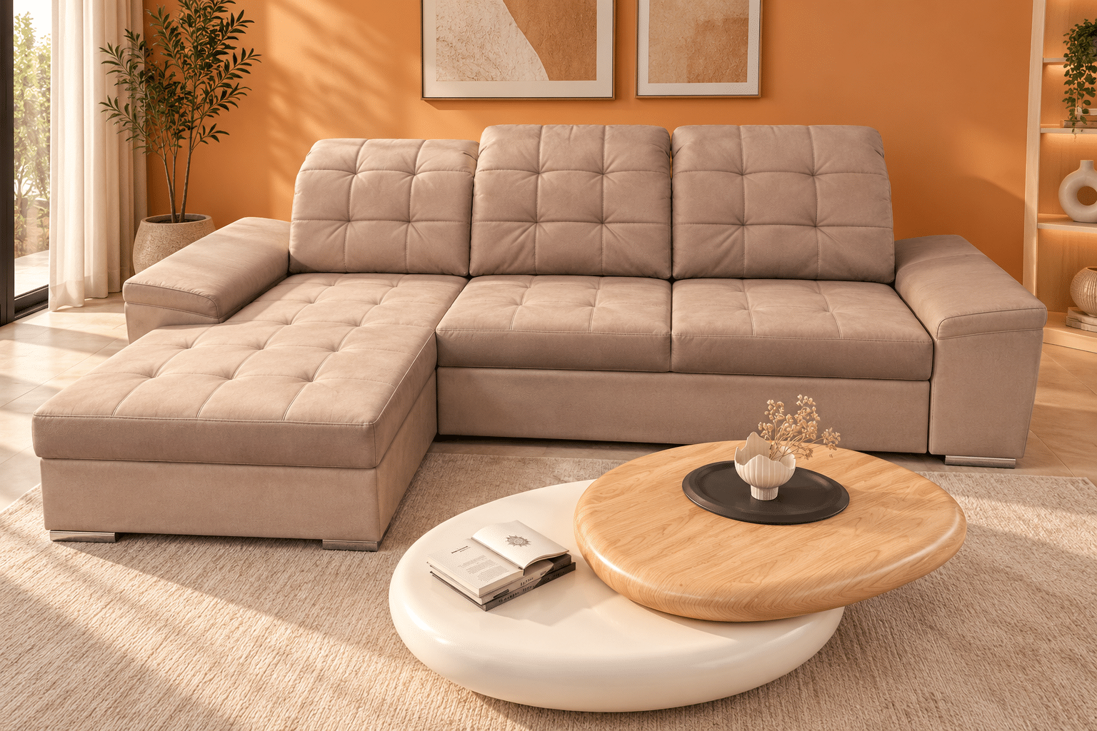 Canapé d'angle convertible Nigrum en velours taupe avec coffre de rangement et têtières réglables