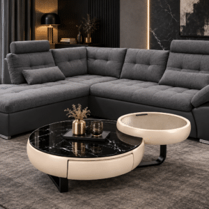 Table basse TRAKI design ronde – Effet marbre noir & finition beige