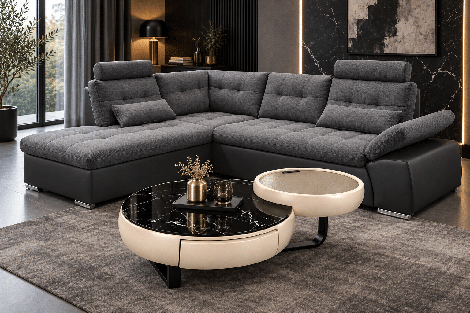 Table basse TRAKI design ronde – Effet marbre noir & finition beige