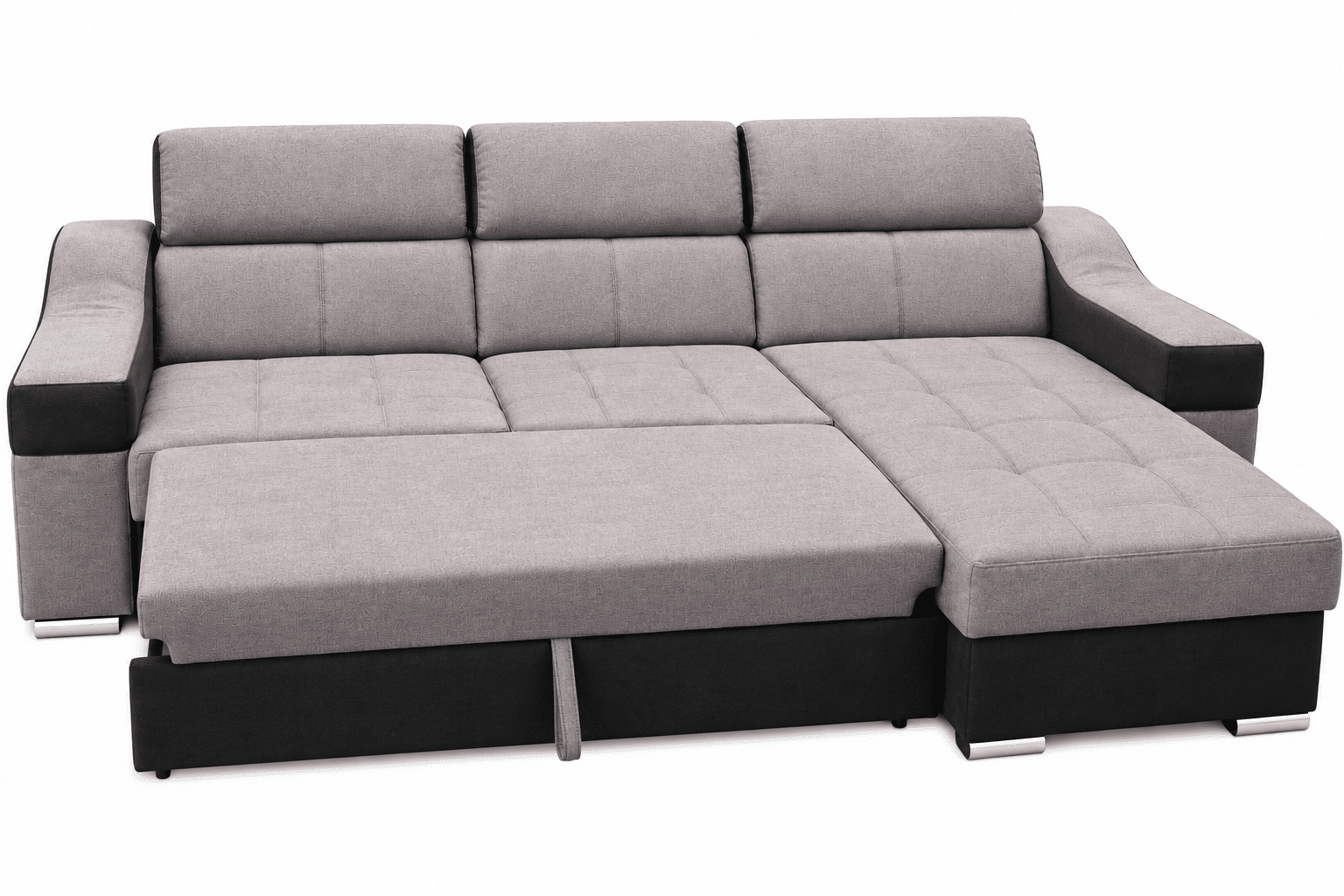 Canapé d’angle convertible et réversible PLAZA avec têtières relevables et coffre de rangement en tissu gris et microfibre noir – Image 4