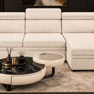 Canapé d'angle convertible réversible BOHO avec têtières réglables et coffre de rangement en velours beige ou gris