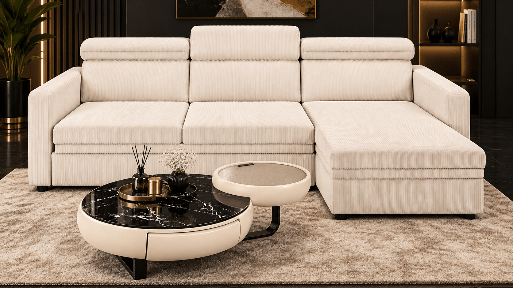 Canapé d'angle convertible réversible BOHO avec têtières réglables et coffre de rangement en velours beige ou gris