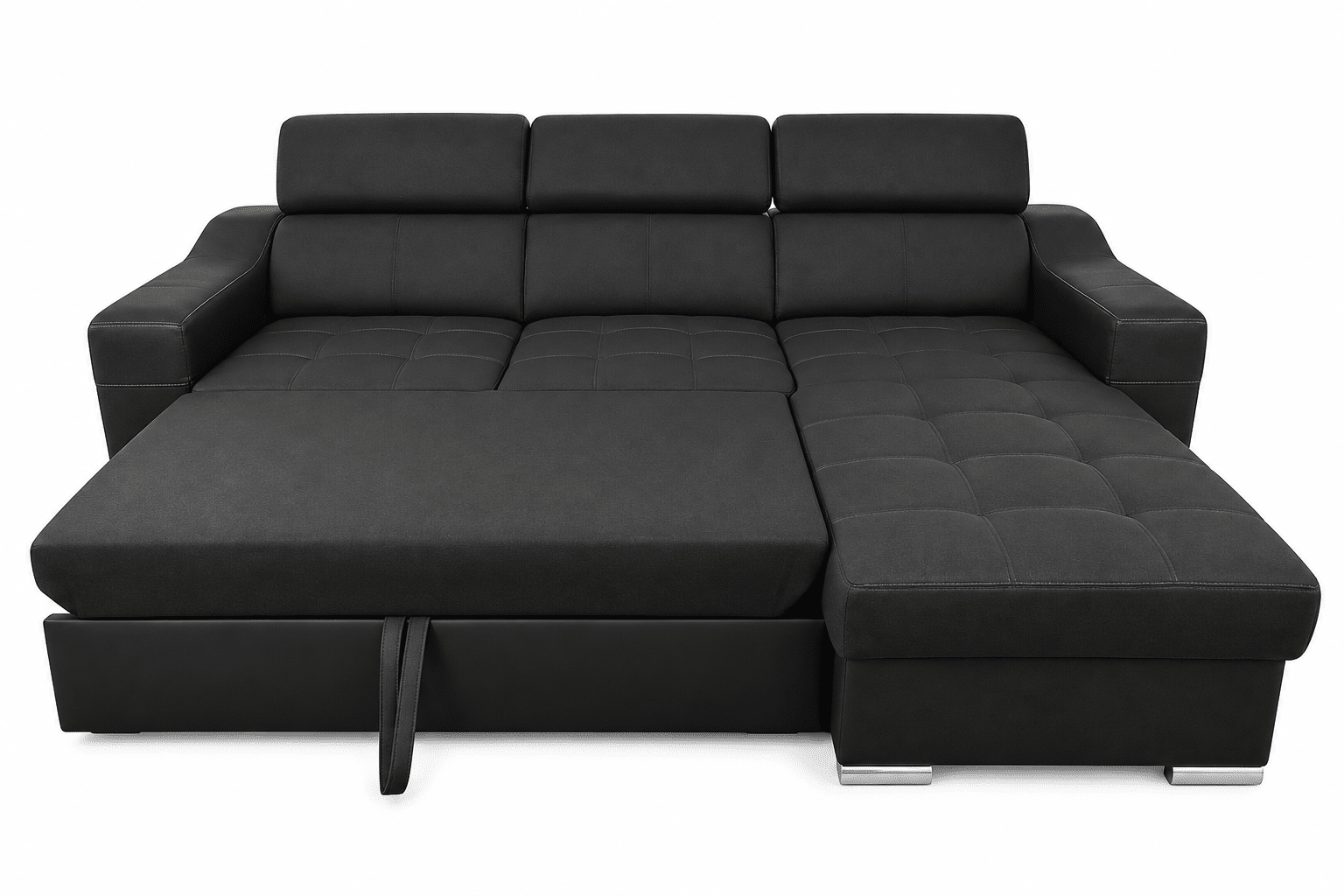 Canapé d’angle convertible et réversible PLAZA avec têtières relevables et coffre de rangement en tissu noir et simili noir – Image 4