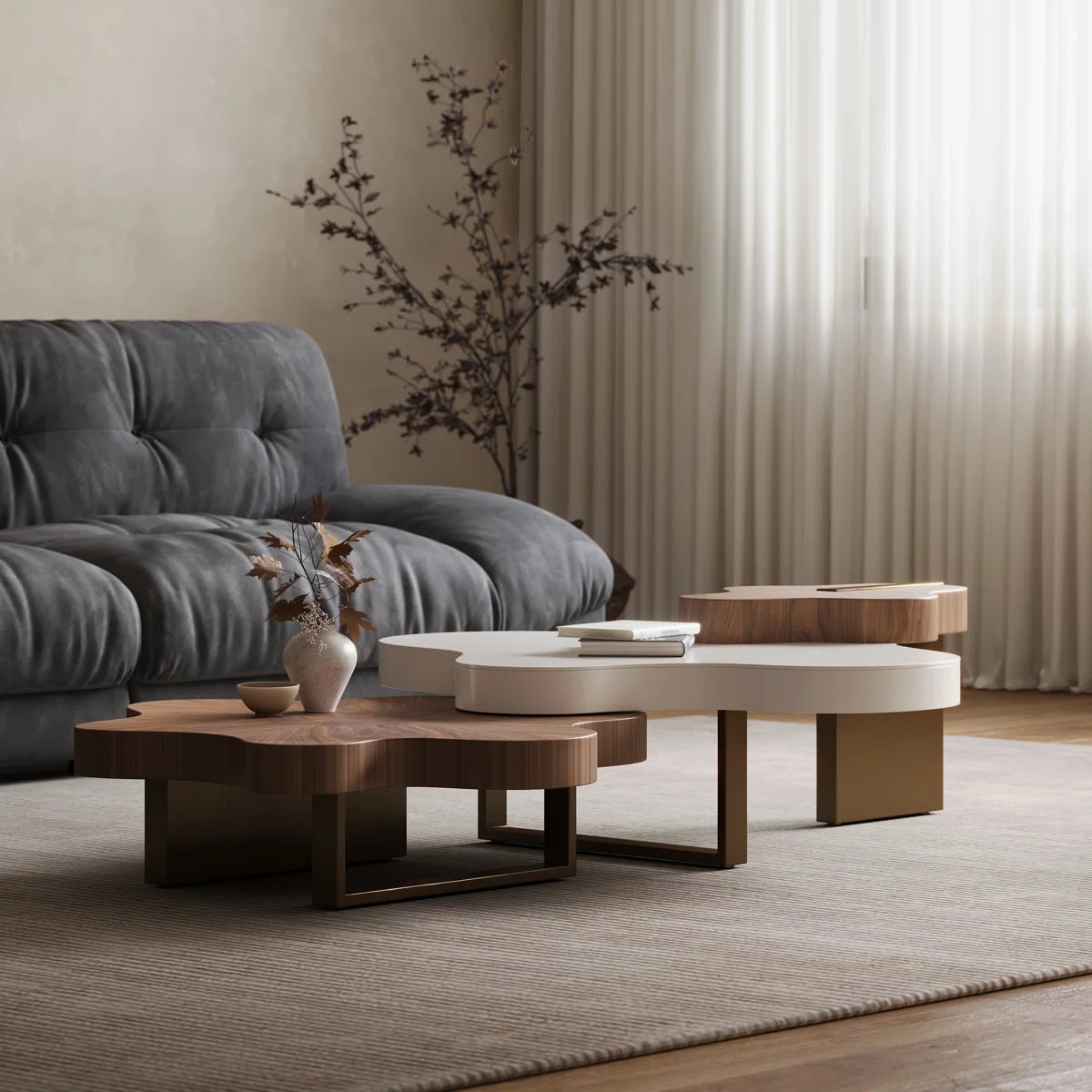 Table basse moderne cloud minimaliste en bois massif en forme de nuage en 3 parties – Image 3
