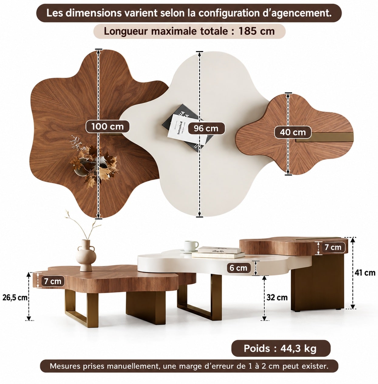 Table basse moderne cloud minimaliste en bois massif en forme de nuage en 3 parties – Image 4